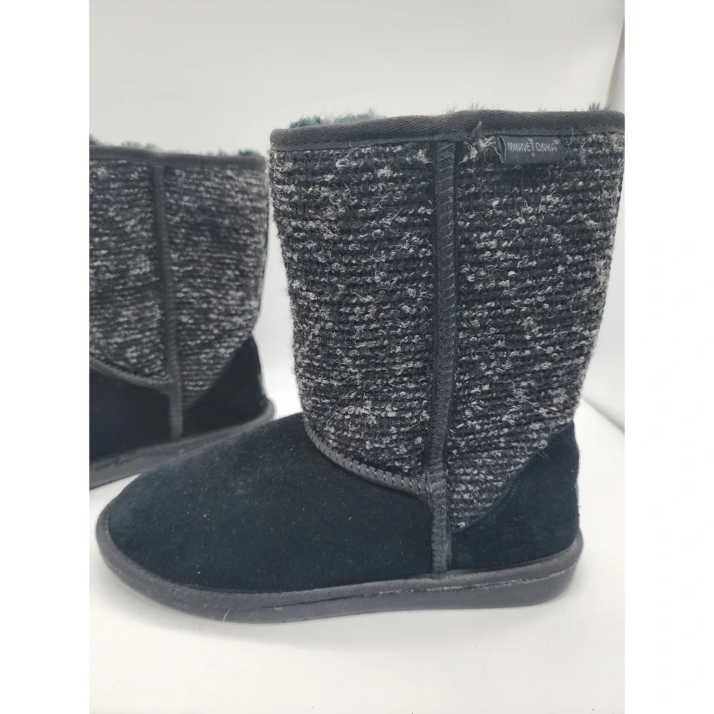 Minnetonka Womens Suede and Knit Mid Calf Winter Boots Black Grey Size 10